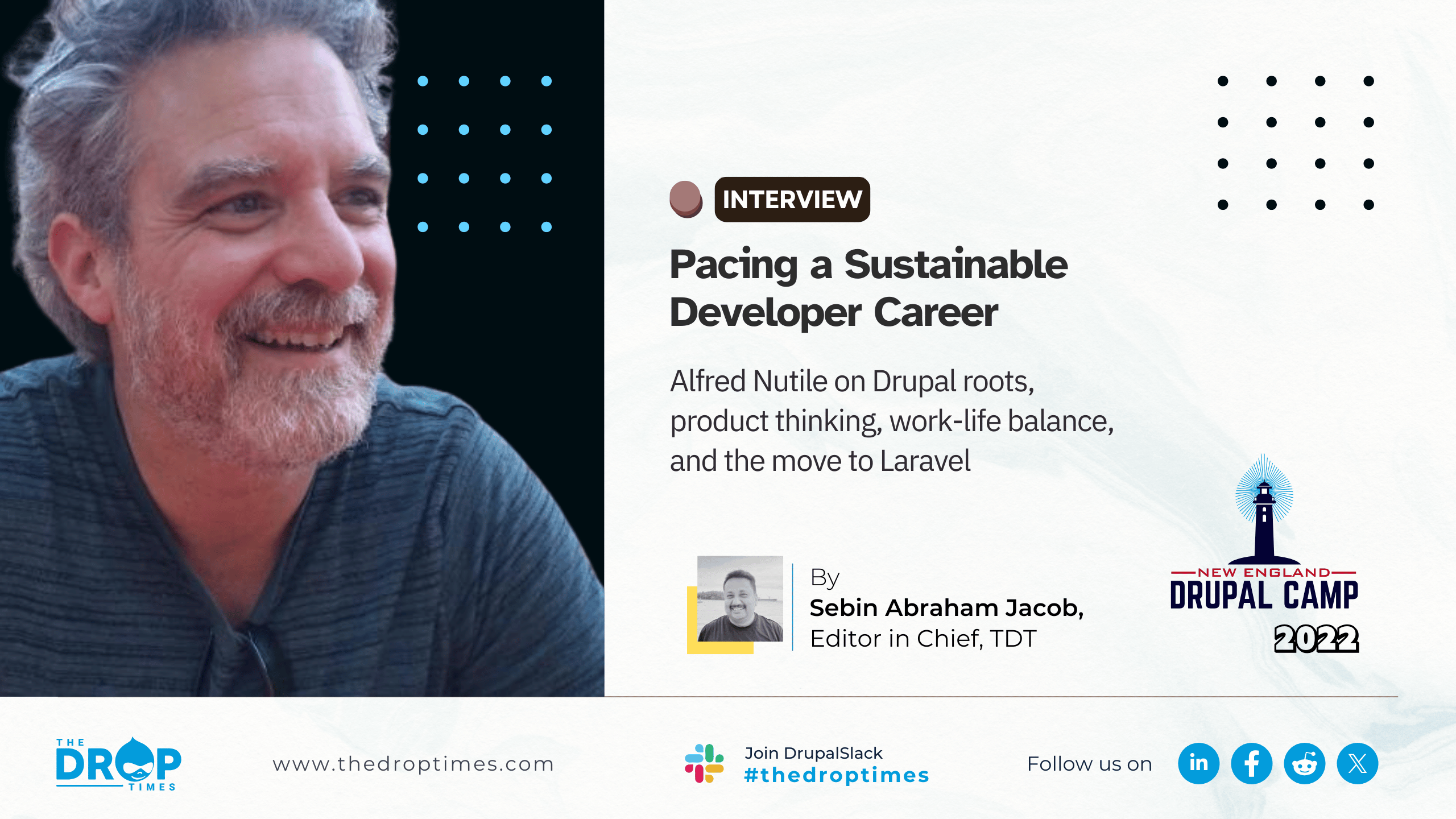 Hero image for an archive interview with Alfred Nutile, with his profile positioned to one side. The title reads “Pacing a Sustainable Developer Career,” with a deck on Drupal roots, product thinking, work-life balance, and his move to Laravel.