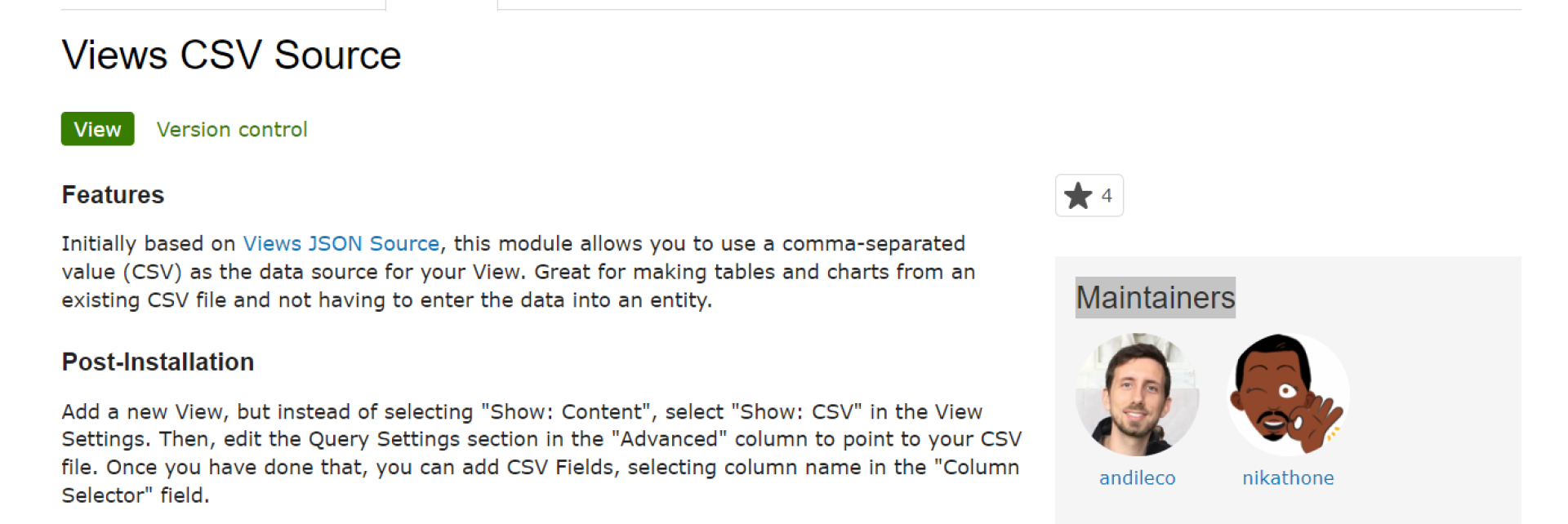 Views CSV Source web page