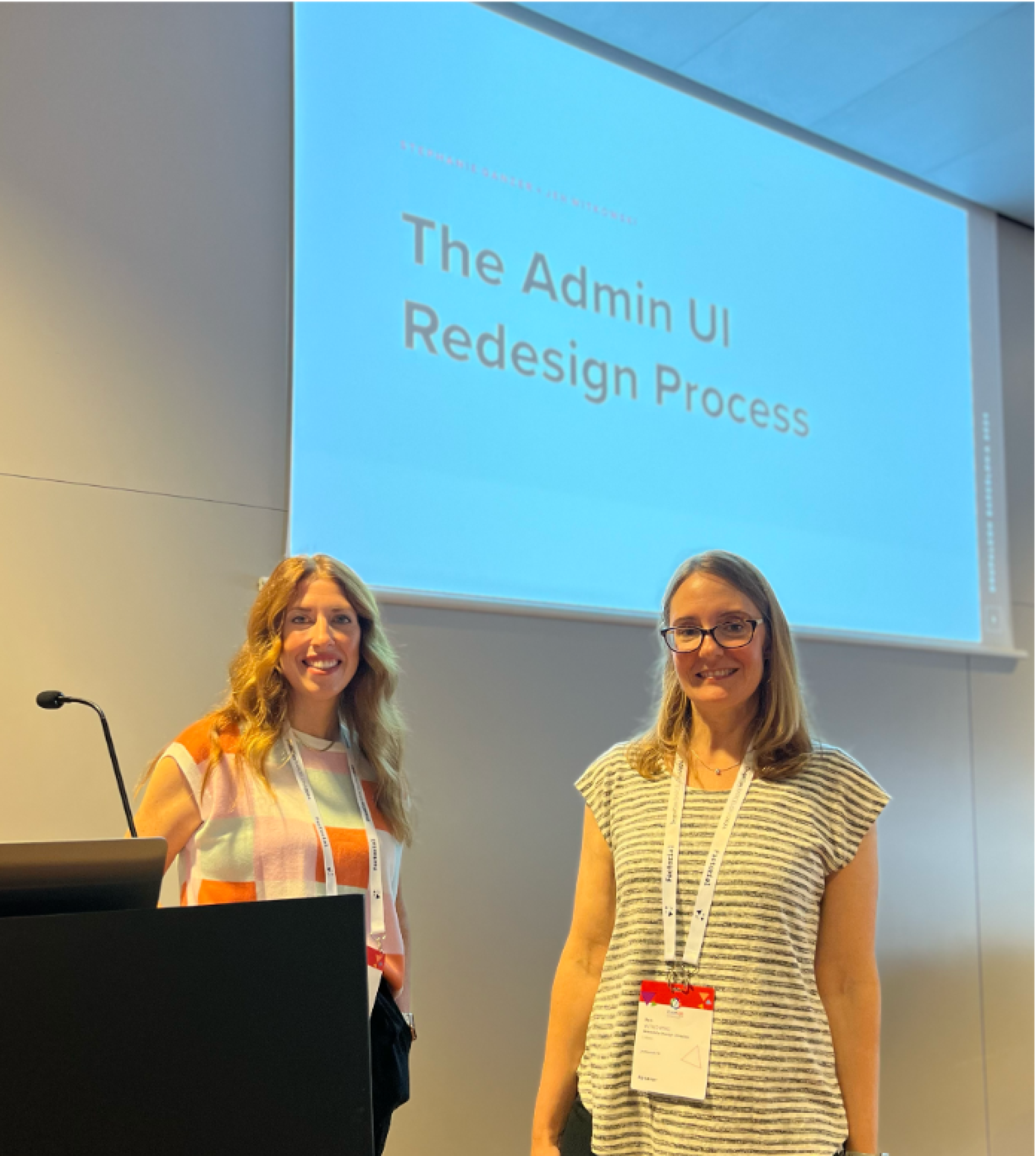 Stephanie Ganzer (left) and Jen Witkowski (right) delivering their session, 'The Admin UI Redesign Process' at DrupalCon Barcelona 2024. Stephanie Ganzer (left) and Jen Witkowski (right) delivering their session, 'The Admin UI Redesign Process' at DrupalCon Barcelona 2024.