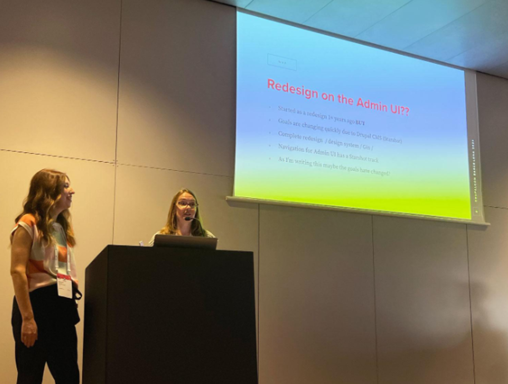 Stephanie Ganzer (left) and Jen Witkowski (right) delivering their session, 'The Admin UI Redesign Process' at DrupalCon Barcelona 2024. Stephanie Ganzer (left) and Jen Witkowski (right) delivering their session, 'The Admin UI Redesign Process' at DrupalCon Barcelona 2024.