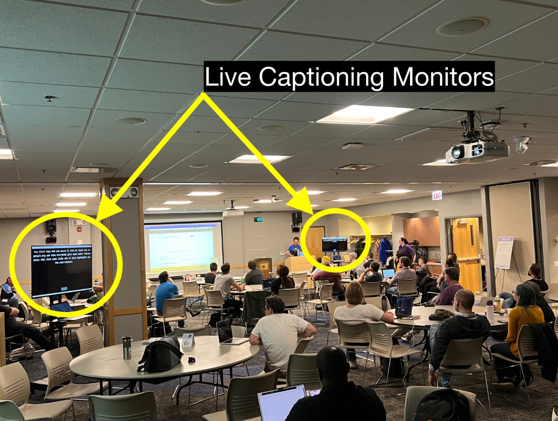 Live captioning monitors were used in the Midwest Drupal Camp to make the event more accessible (a11y-friendly).