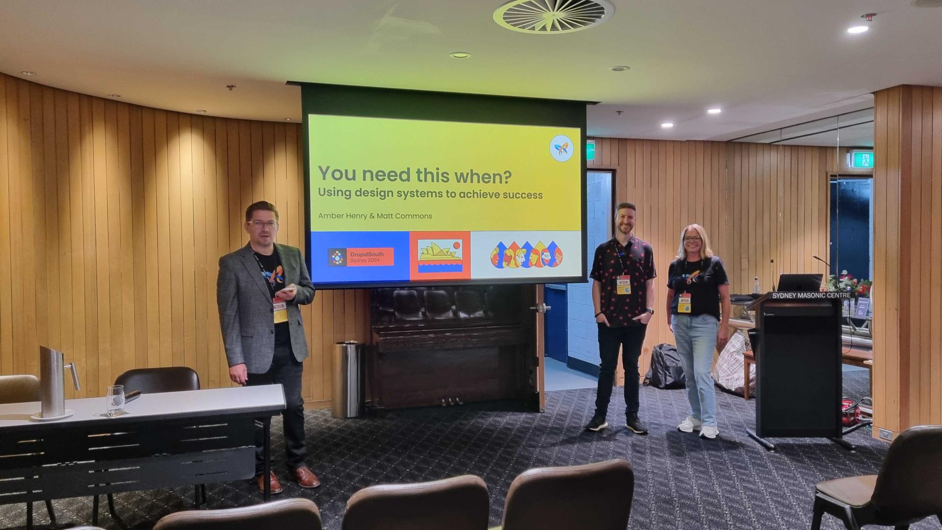André Kakos, as track lead, with presenters Matt Commons and Amber Henry from Morpht. André Kakos, as track lead, with presenters Matt Commons and Amber Henry from Morpht.
