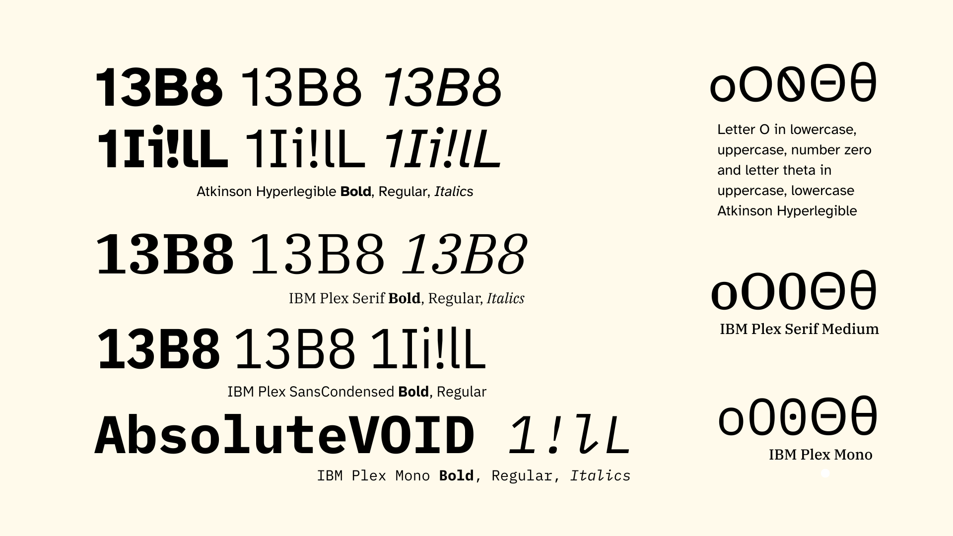 Screenshot of made-up phrases with IBM Plex Serif, Sans, SansCondensed, Mono, and Atkinson Hyperlegible placed adjacent to each other for comparison. Screenshot of made-up phrases with IBM Plex Serif, Sans, SansCondensed, Mono, and Atkinson Hyperlegible placed adjacent to each other for comparison.
