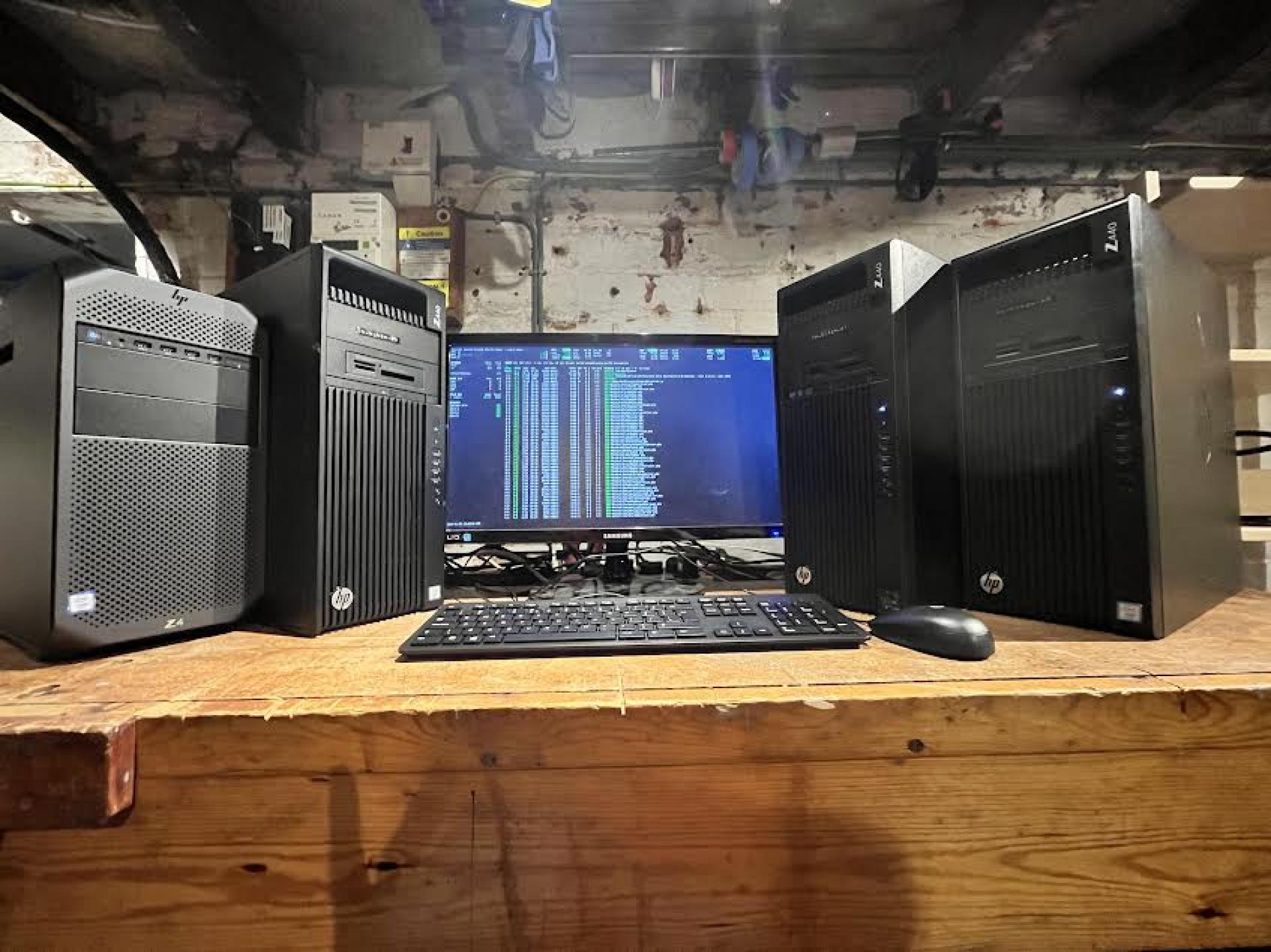 Local workstation with multiple desktop towers running terminal-based analysis processes
