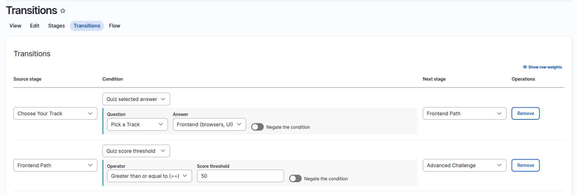 Defining the conditions for actions inside the Quiz Maker module