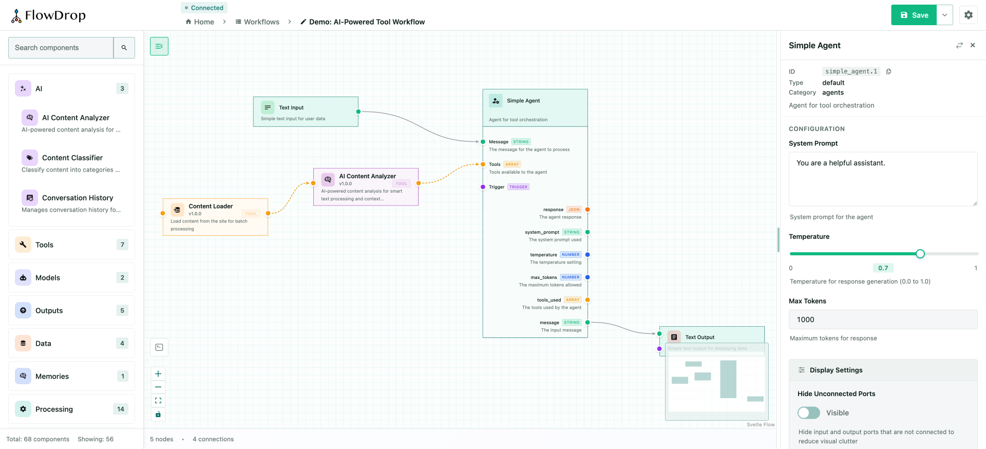 Screenshot of the FlowDrop editor showing a visual workflow canvas with connected nodes for text input, content loading, AI content analysis, a simple agent, and text output. A configuration panel on the right shows settings for the selected Simple Agent node.