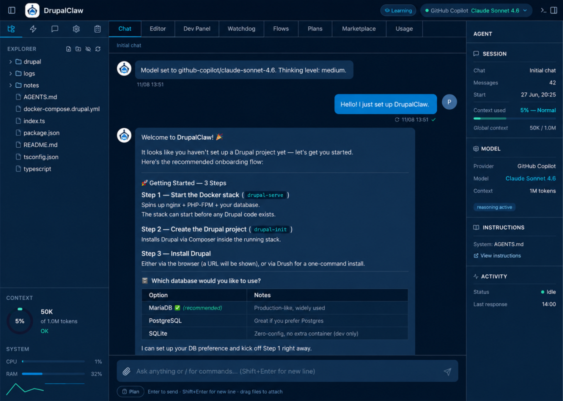 DrupalClaw workspace showing the chat-driven setup flow for a new Drupal project, with project files in the left sidebar, onboarding steps in the main panel, and agent, model, context, and activity details in the right sidebar.