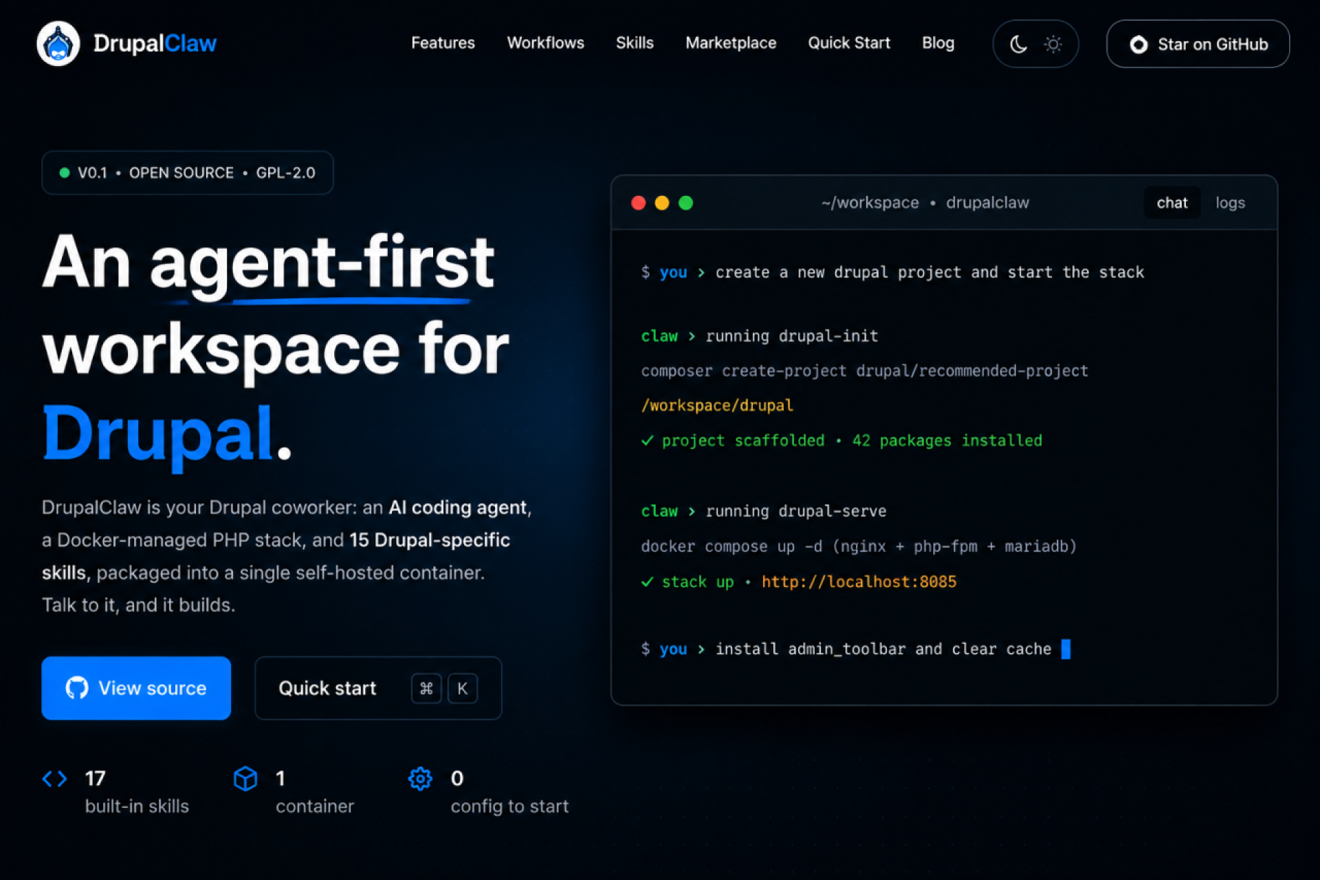 DrupalClaw homepage in dark mode showing the heading “An agent-first workspace for Drupal” beside a terminal-style chat where the agent creates a Drupal project, starts the Docker stack, and installs Admin Toolbar.