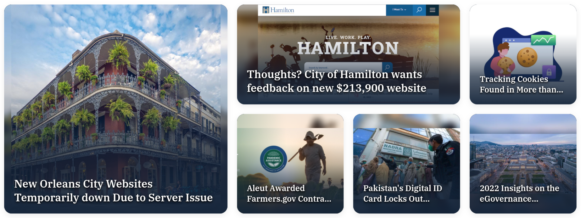 Bento Showcase public-sector example with a large New Orleans city website story and six mixed-size cards covering government websites, privacy, agriculture, digital identity, and e-governance.