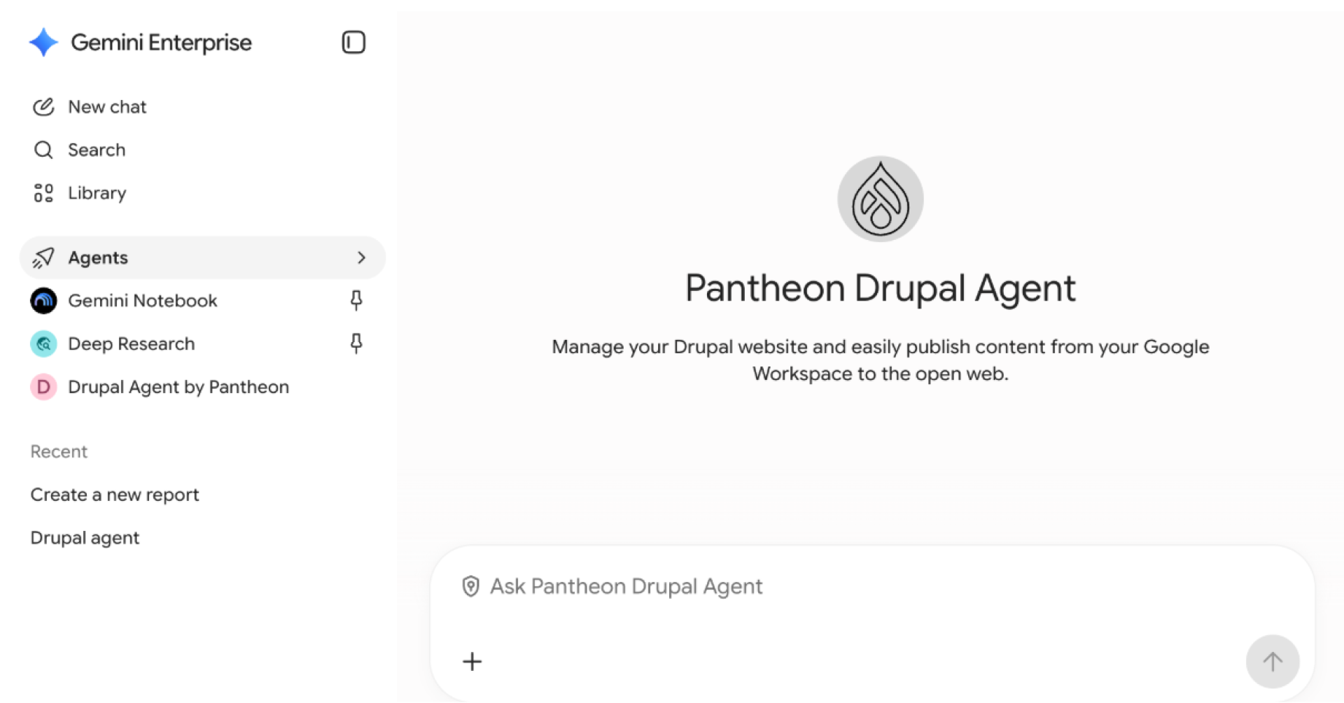 Gemini Enterprise interface showing the Pantheon Drupal Agent, with the Agents menu open and an input field for asking the agent.