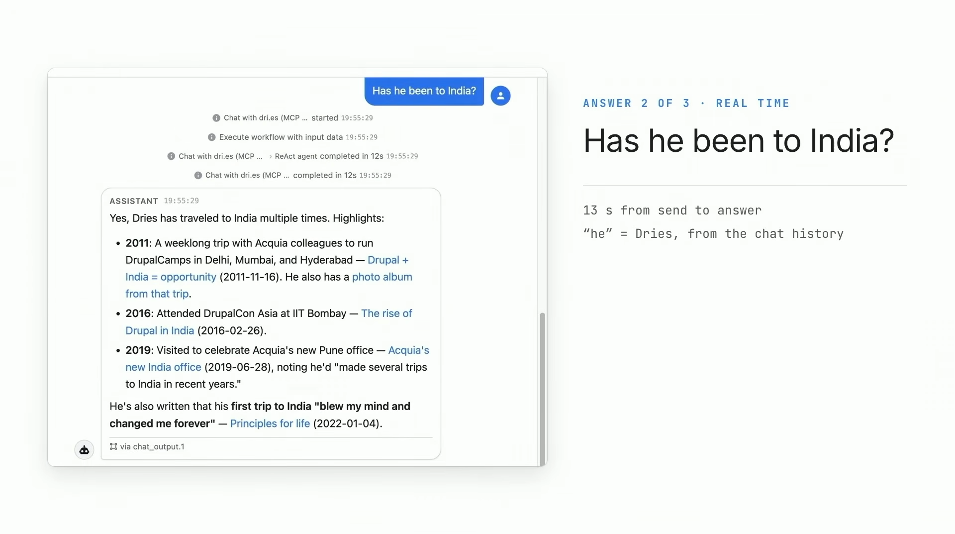 FlowDrop agent demonstration answering “Has he been to India?” with results about Dries Buytaert’s visits to India, using MCP-connected tools and chat history.