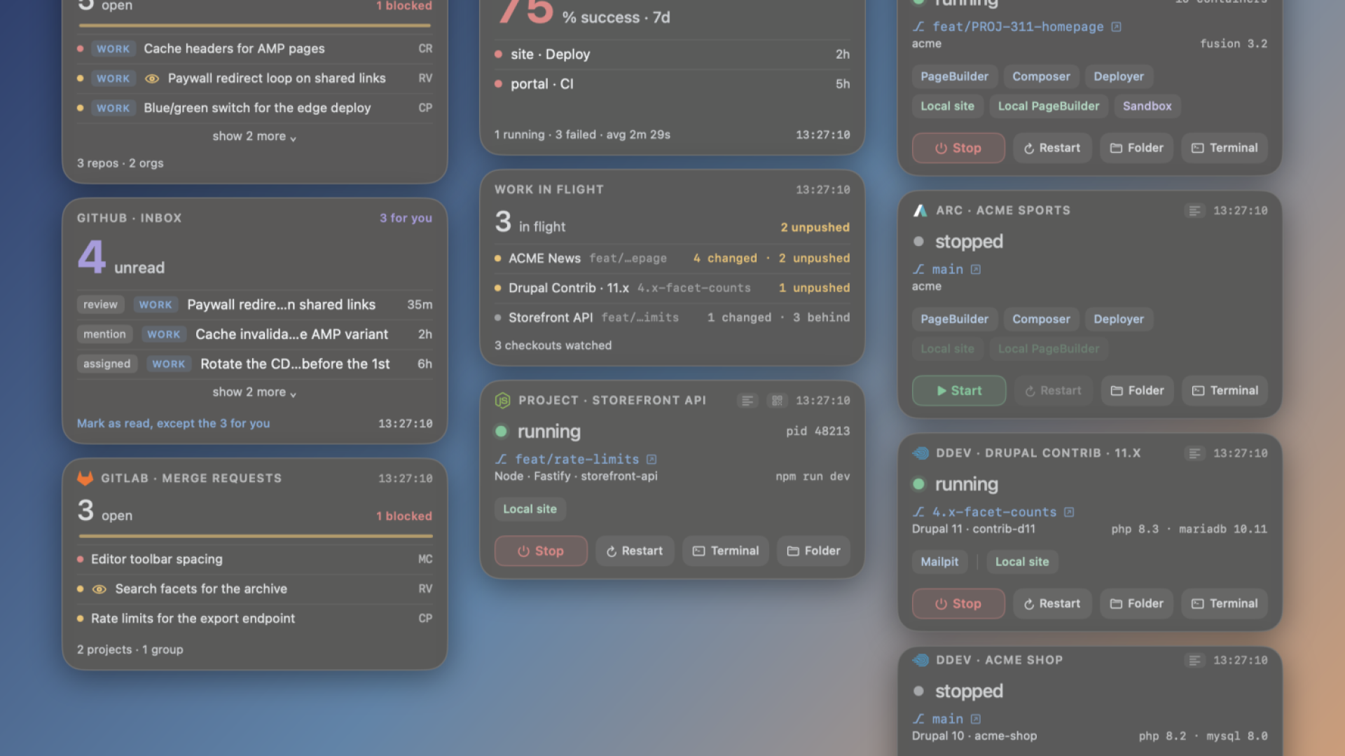 DevDeck desktop panels showing frosted cards for GitHub pull requests and inbox, GitLab merge requests, CI results, checkouts in progress and local projects, including running and stopped DDEV Drupal sites with Start, Stop, Restart, Folder and Terminal controls.