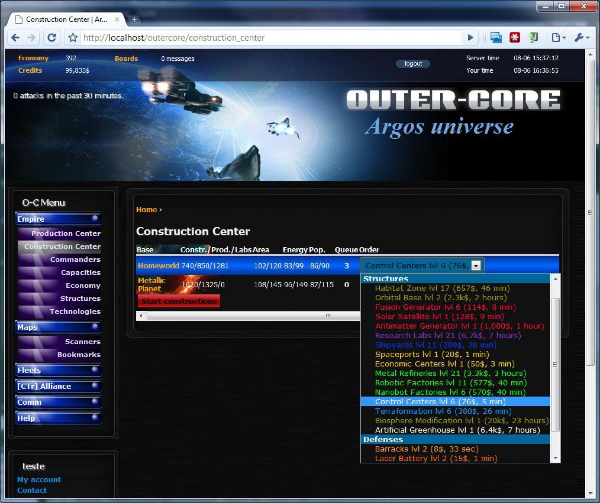 Earlier Outer-Core Argos interface showing the Construction Center, resource values and building options.