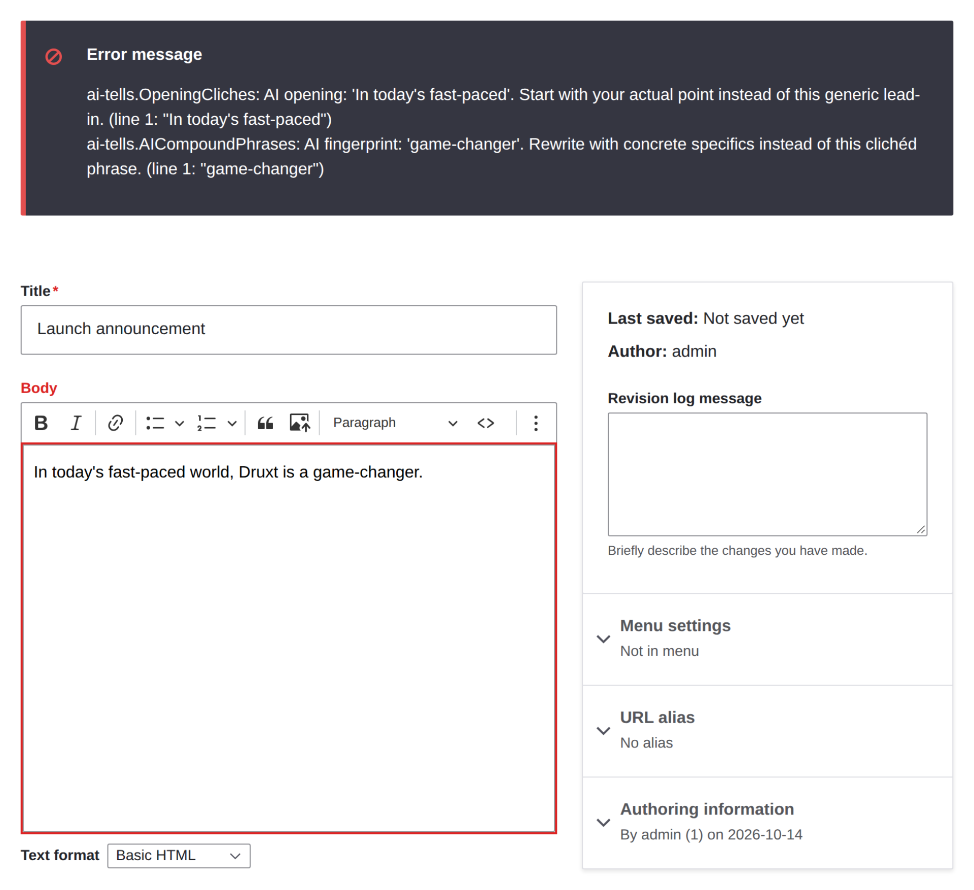 Drupal content editing form showing Vale validation errors for the phrases “In today's fast-paced” and “game-changer,” preventing the content from being saved.