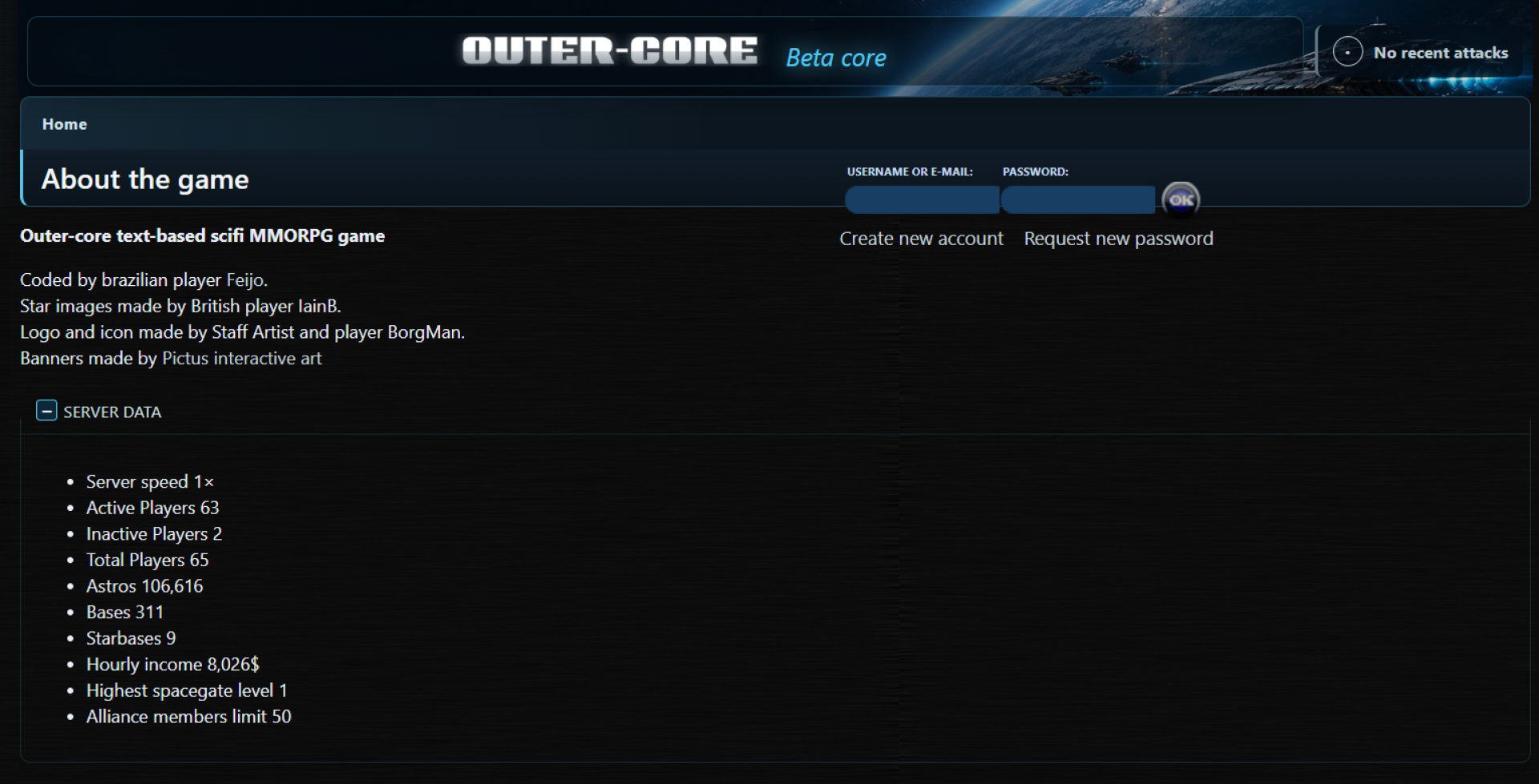 Outer-Core Beta landing page showing login fields, game information and server statistics.
