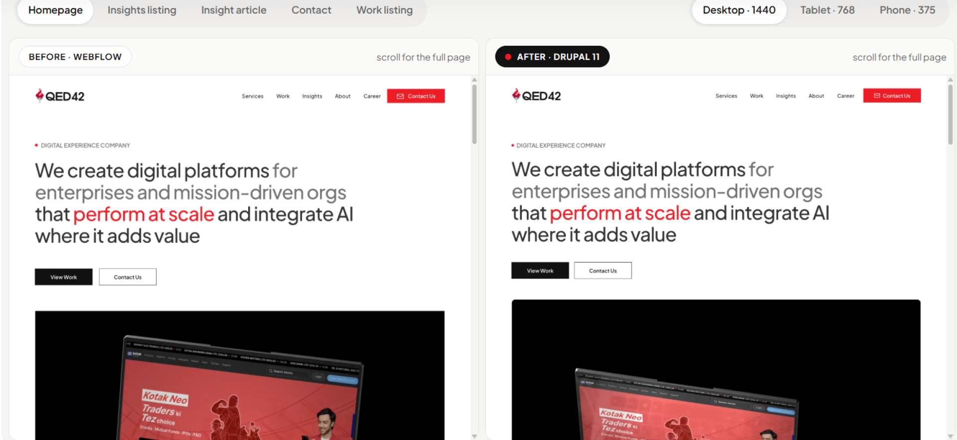 Side-by-side screenshots of QED42's Webflow and Drupal 11 homepages showing closely matching navigation, headings, buttons and imagery.