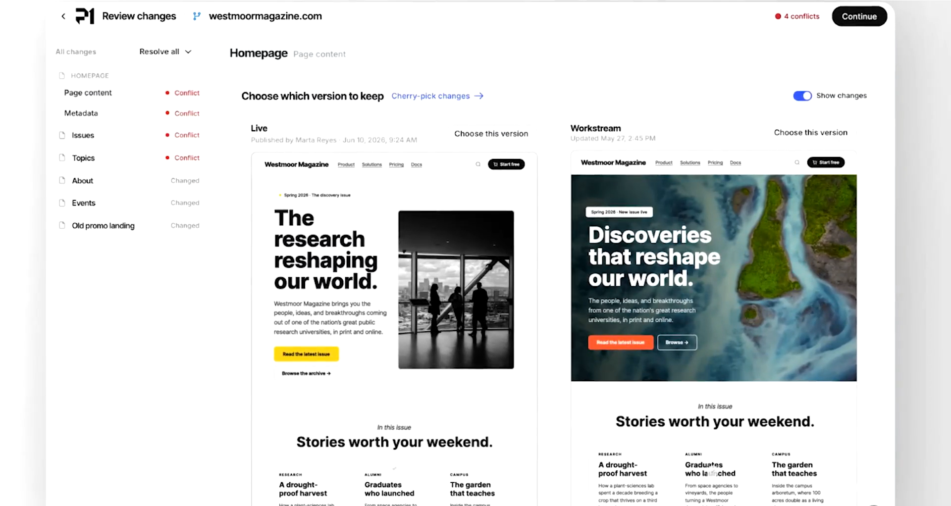 Pantheon P1 review interface showing live and Workstream versions of a Westmoor Magazine homepage side by side, with four conflicts identified for review.