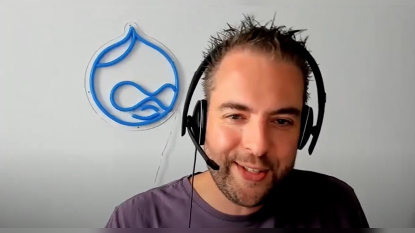 Screenshot from an online interview with Dries Buytaert hosted by Rachel Lawson at Drupal Camp Colorado