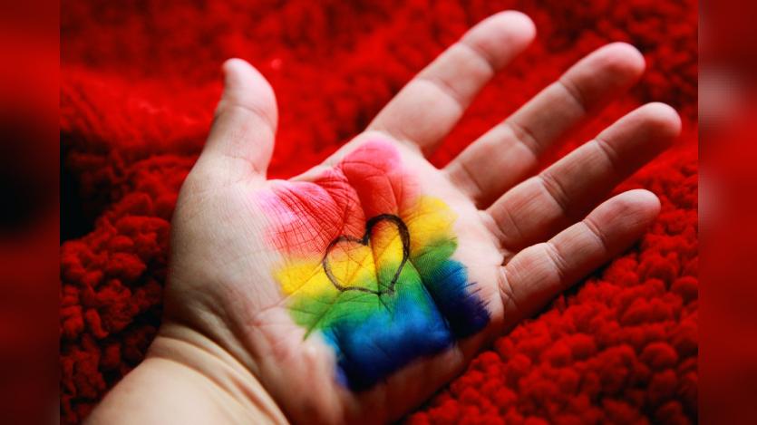 Photo captured by Alexander Grey taken from unsplash.com. The picture shows a hand with diversity flag colours painted on the palm and a heart in black ink over it.