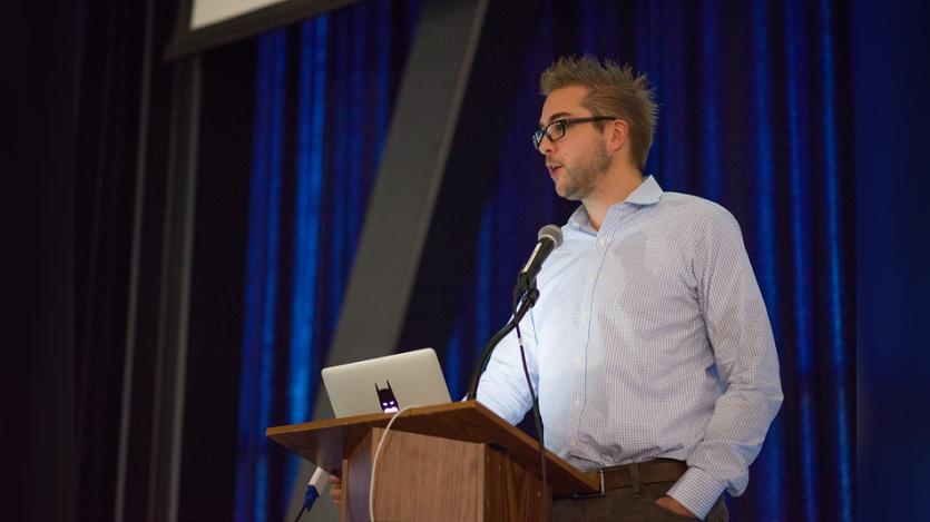 A young Dries Buytaert delivering the keynote presentation at BADCamp 2012 in Berekeley, California. Image credit: Ezra Barnett Gildesgame/Flickr