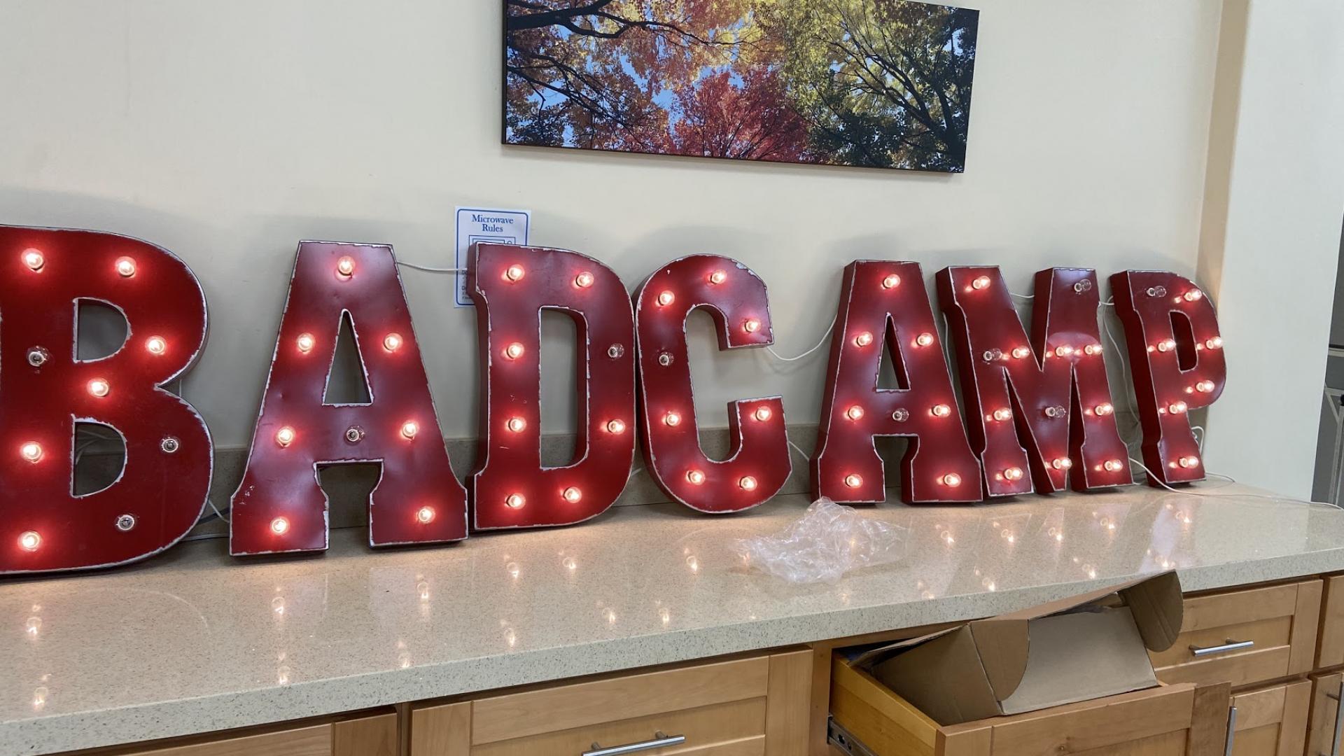 Illumination lettering BADCAMP at the venue of Bay Area Drupal Camp 2022