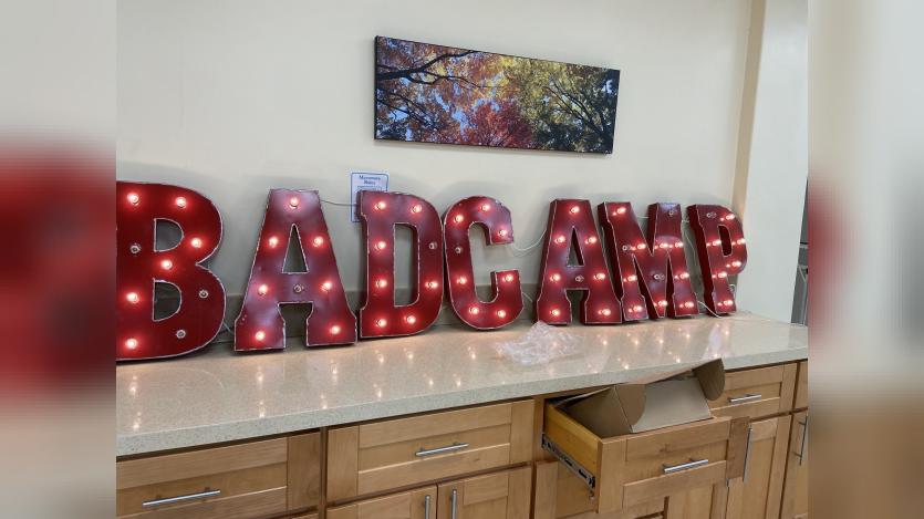 Illumination lettering BADCAMP at the venue of Bay Area Drupal Camp 2022