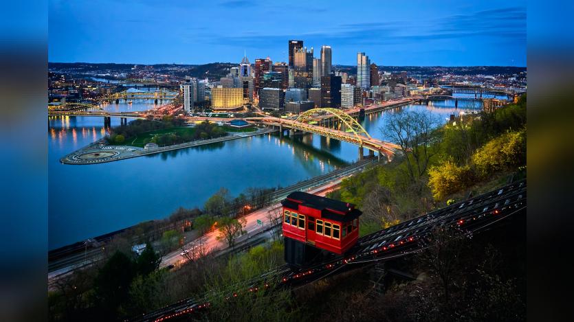 Pittsburgh by night, Duquesne Incline in front.