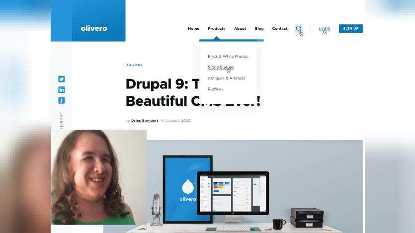 Screenshot of Dries' blog post in Olivero Theme and a mugshot of Rachel Olivero