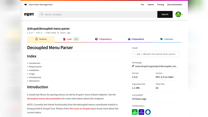 Screenshot of the newly published decoupled-menu-parser package