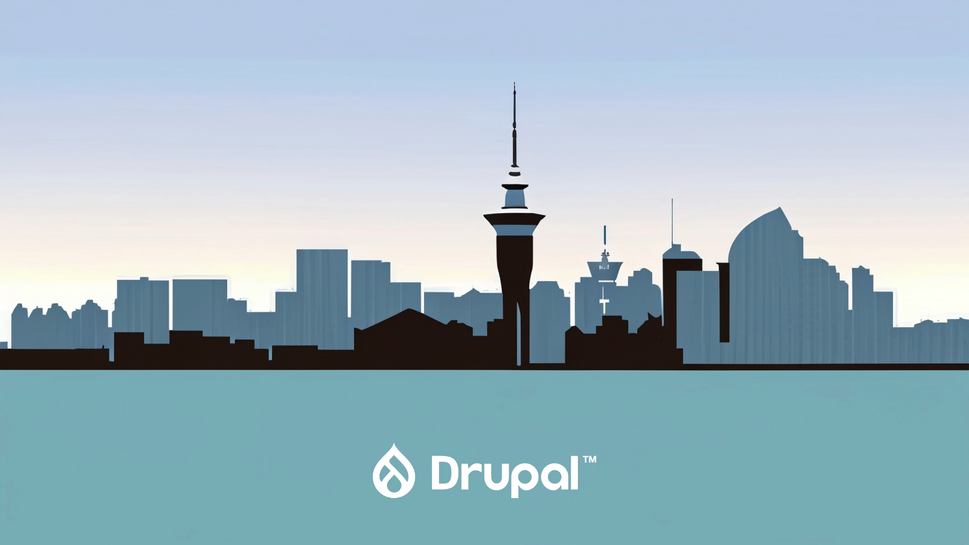 Drupal logo, in the background is New Zealand