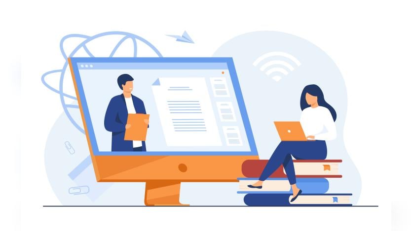 female student listening webinar online