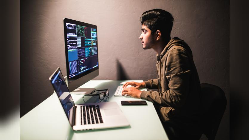 a boy working