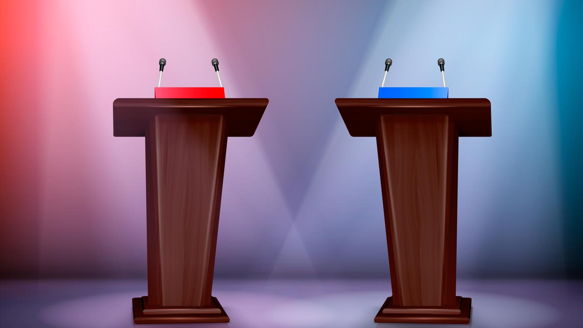 two tribunes for debate on stage illuminated by floodlights realistic colored composition 3d illustration