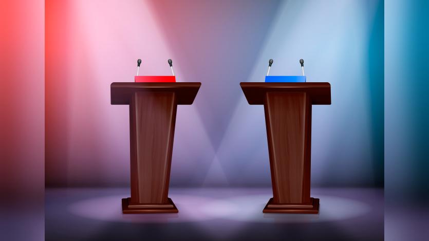 two tribunes for debate on stage illuminated by floodlights realistic colored composition 3d illustration