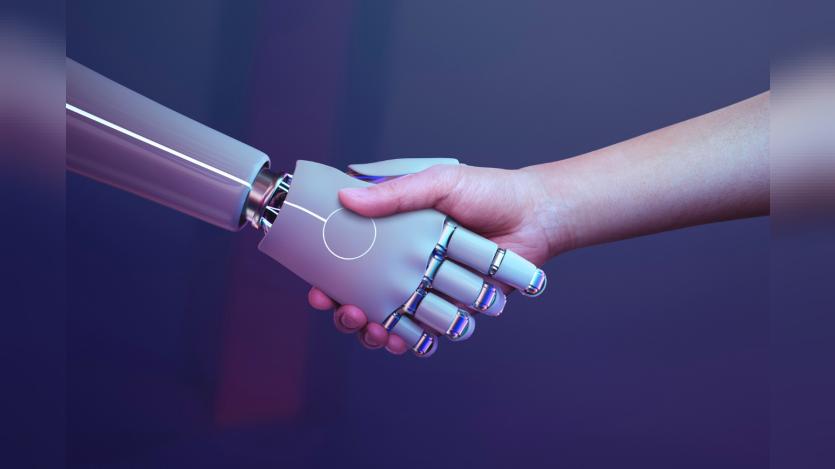 robot handshake human background, futuristic digital age