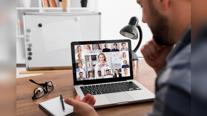 team meeting online conference call on laptop