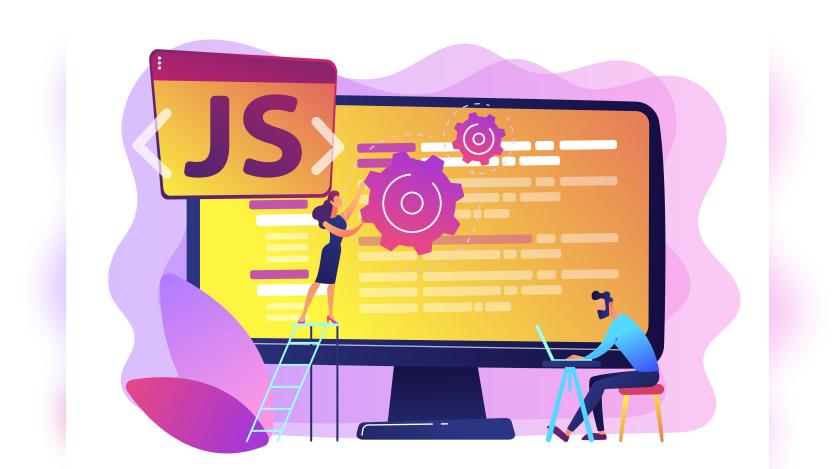 Programmers using JavaScript programming language on computer, tiny people. JavaScript language, JavaScript engine, JS web development concept. Bright vibrant violet isolated illustration