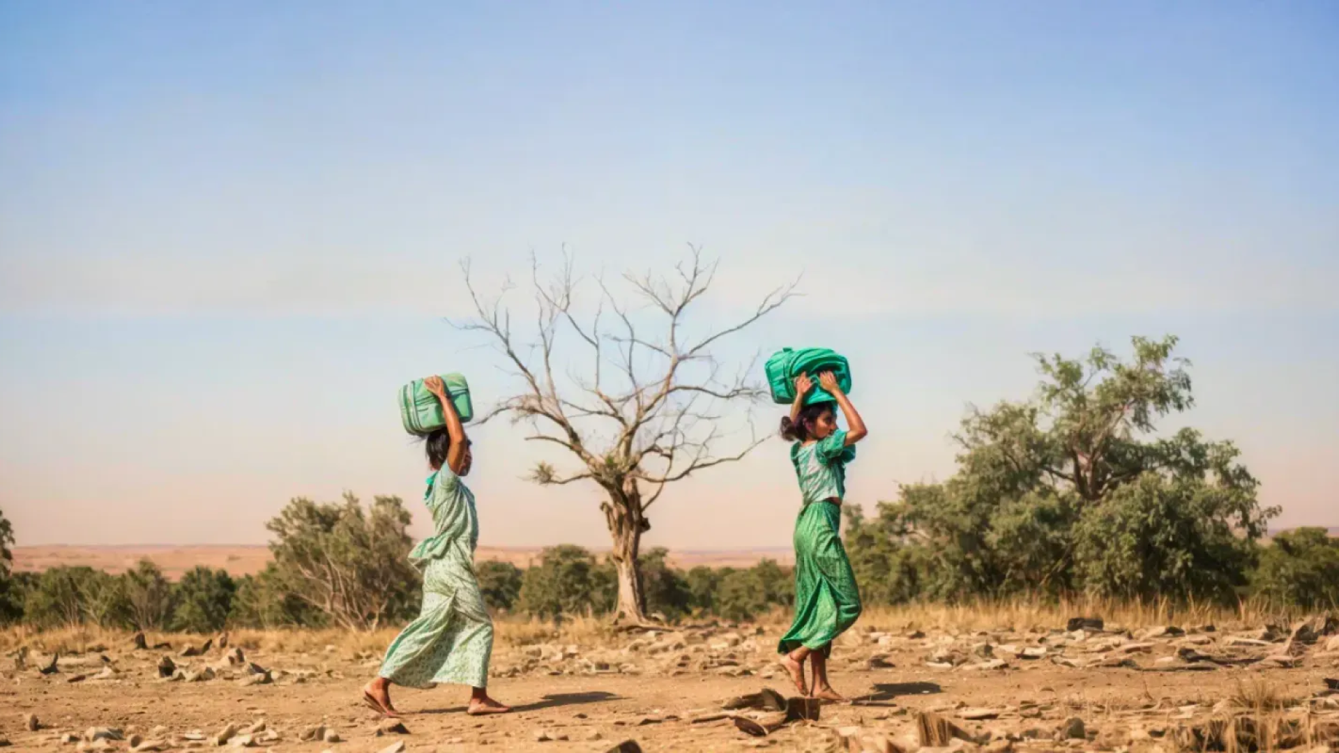 Two women carrying water through a barren land