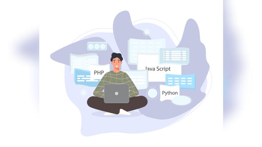 Software developers working of script coding. Engineer character programming in php, python, javascript, other languages