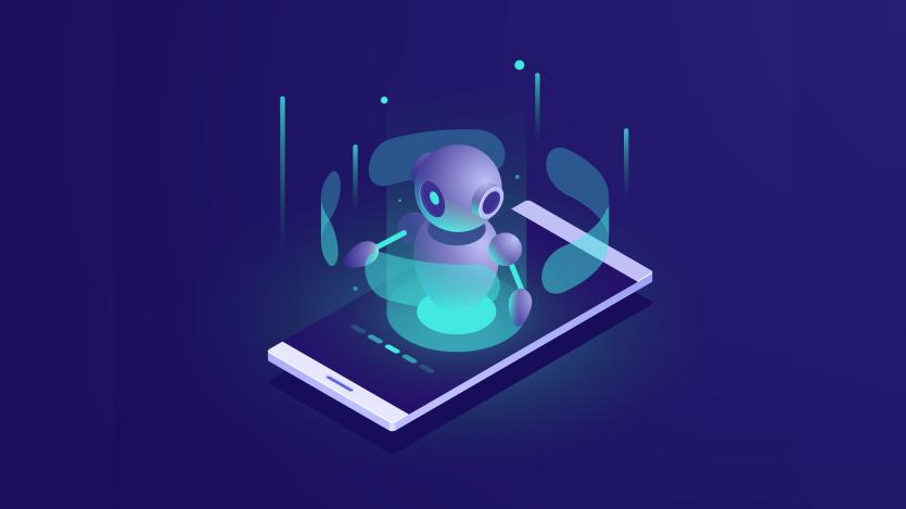 Artificial Intelligence, isometric ai robot on mobile phone screen, chatbot app