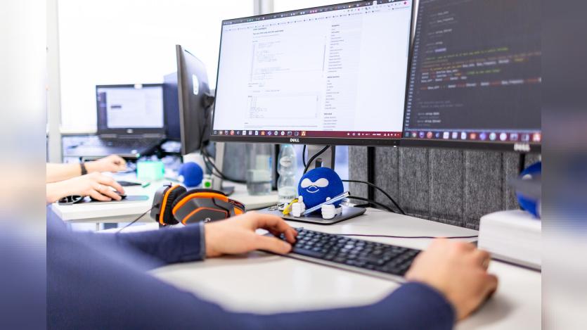 A developer working on a workstation withing codeblock. A Drupal themed blue softball is seen in the table.