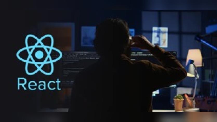 Logo or React and a photo of some web developer working at night shot from his back