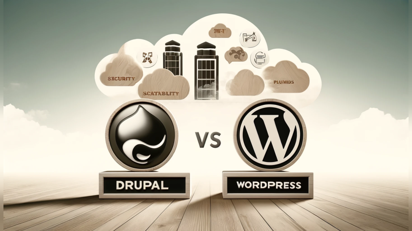 A professional and clean landscape image illustrating a comparison between Drupal and WordPress as CMS options in 2024. The image should show the logo