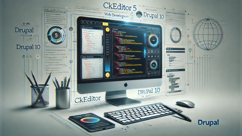 A sleek, modern computer screen displaying a website being edited with CKEditor 5. The screen shows highlighted code snippet.