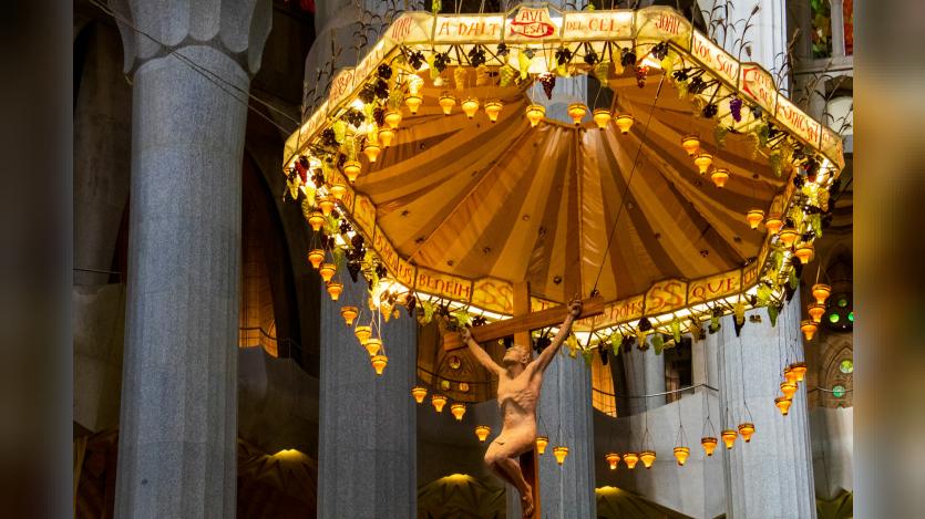 Depiction of Christ being crucified inside the Sagrada Familia, Barcelona, Spain.