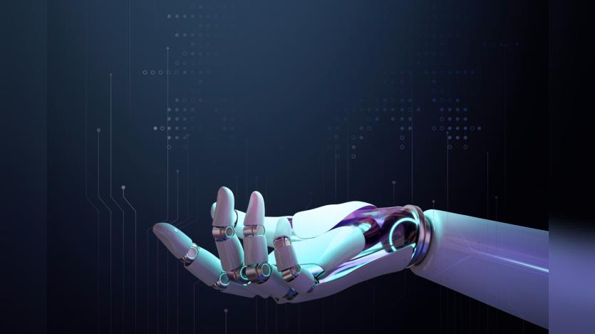 3D robot hand background, AI technology side view
