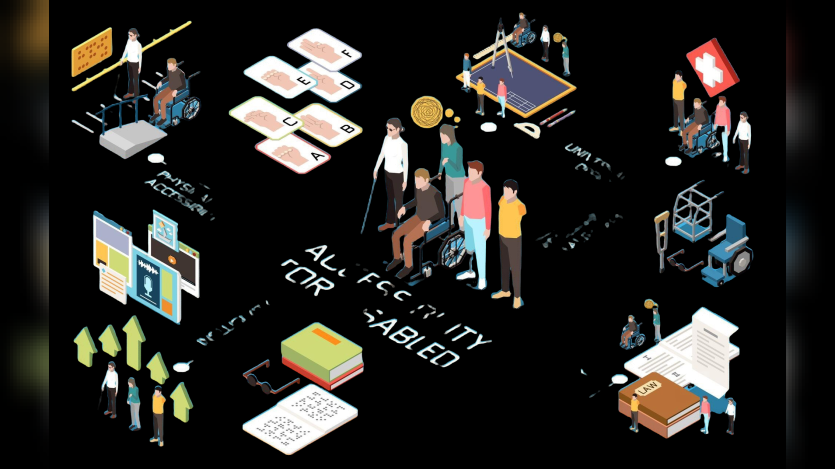 Accessibility isometric flowchart with handicapped people using various devices vector illustration