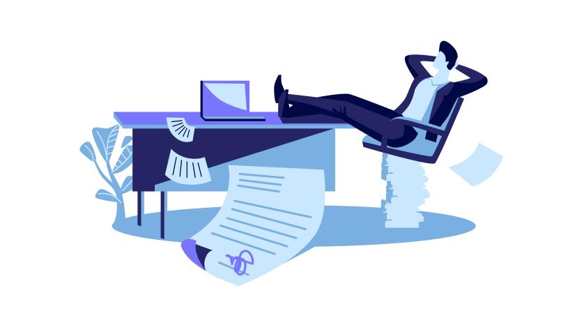 Happy businessman sits with his legs thrown on the table, a contract is successfully concluded, cartoon vector illustration