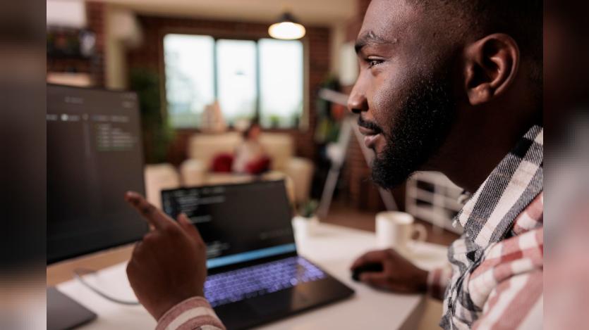 African american it engineer programming binary code interface