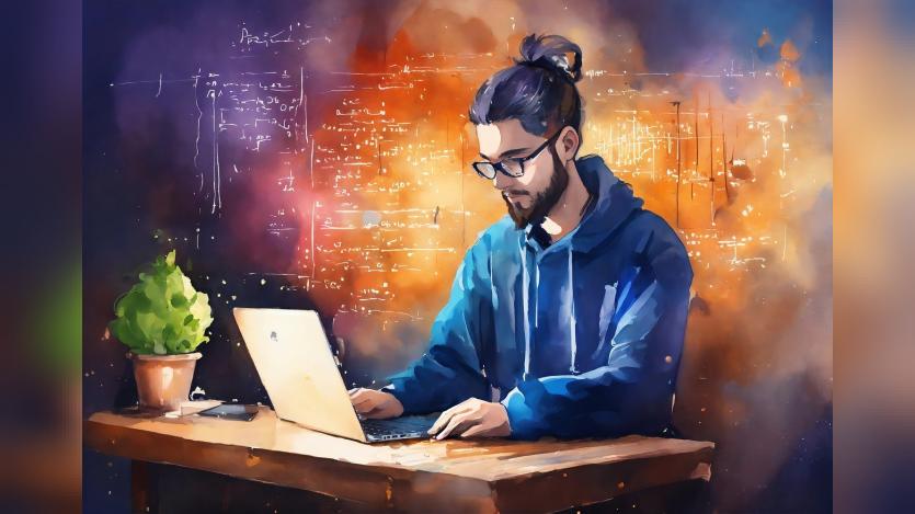 A man with tied hair and beard working on computer